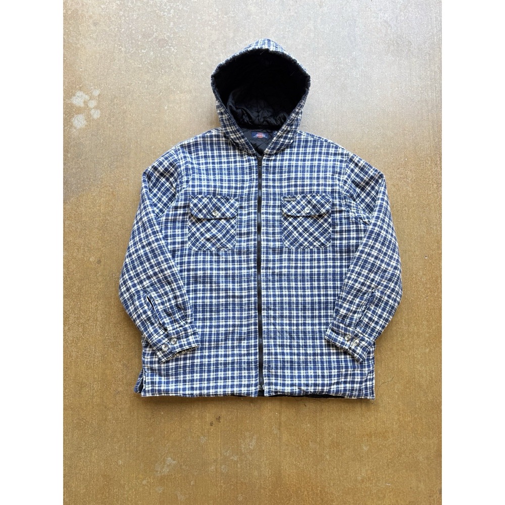 Dickies Plaid Cotton Blend Insulated Zip Up Hooded Flannel Jacket Y2K Large Blue